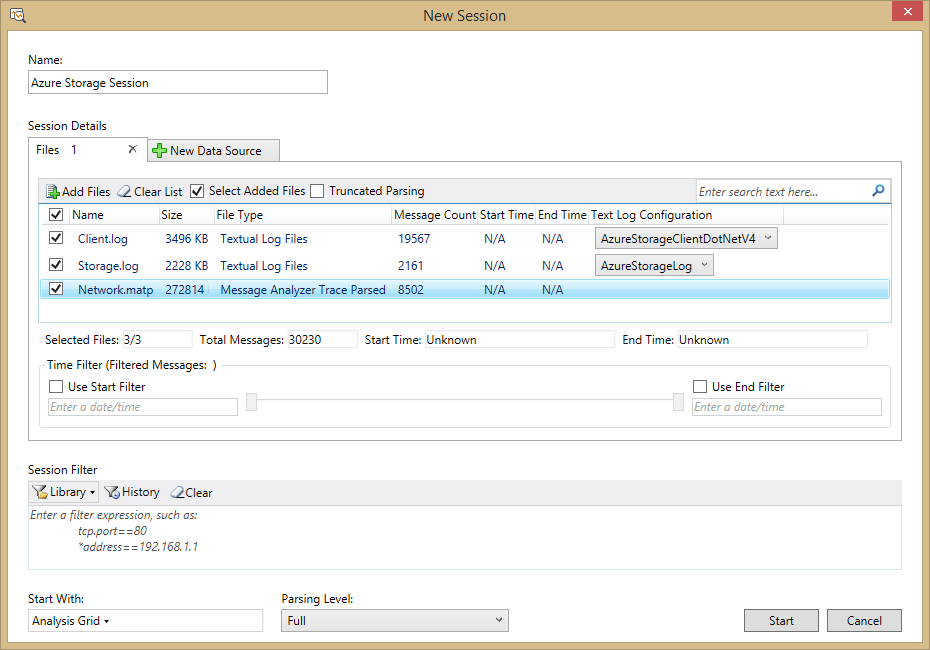 Konfigurieren der Message Analyzer-Sitzung