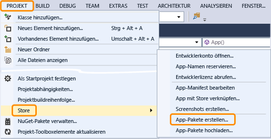 Das Menü "Store" in Visual Studio 2013