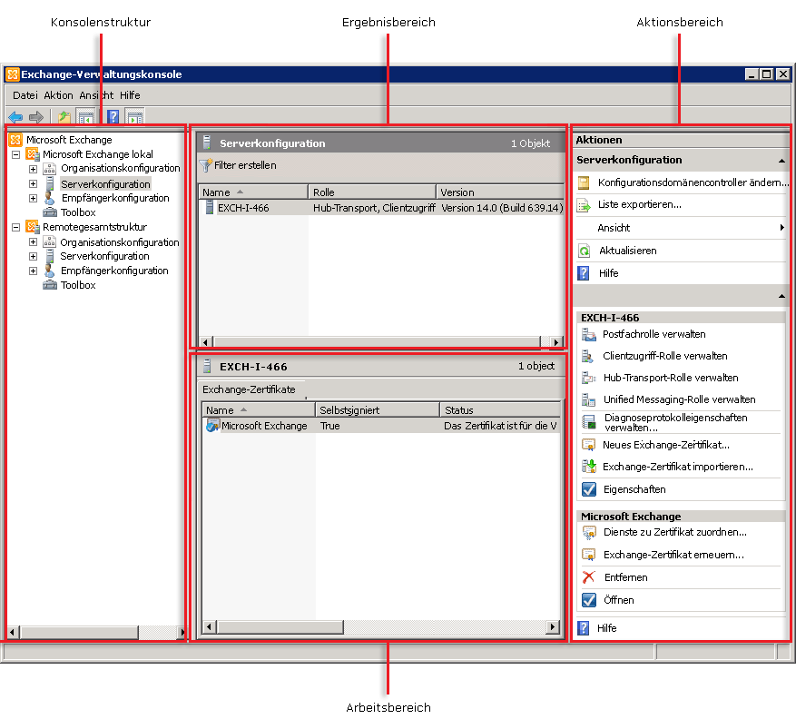 Exchange-Verwaltungskonsole mit Beschriftungen