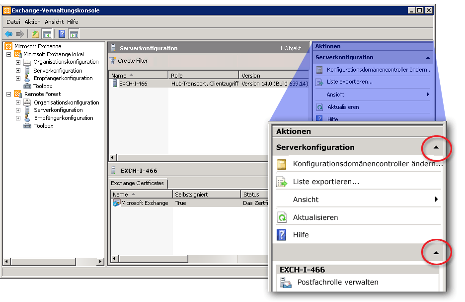 Exchange-Verwaltungskonsole mit Aktionsbereich