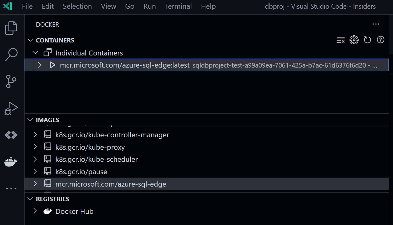 Screenshot zur Verwendung der Docker-Erweiterung zur Erkundung des Azure SQL-Datenbank-Emulators.