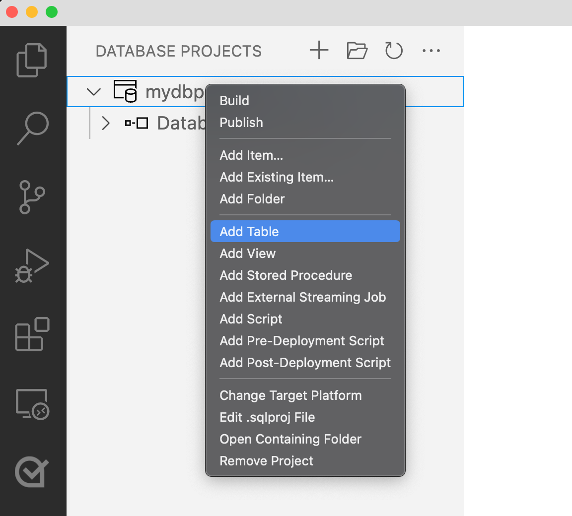 Screenshot der Hinzufügung einer Tabelle aus dem Menü „Datenbankprojekte“ in Visual Studio Code.