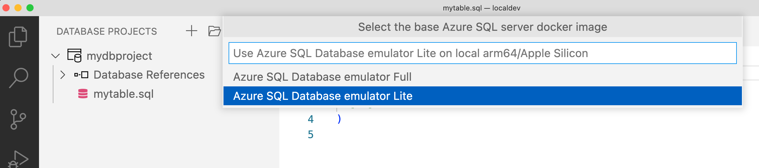 Screenshot der Auswahl eines Azure SQL-Datenbank-Emulators in Visual Studio Code.