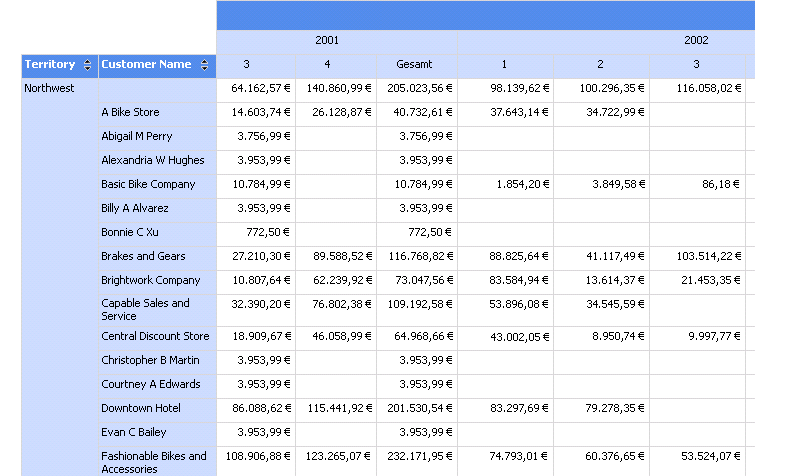 Gerenderter Matrixbericht mit geschachtelten Spalten