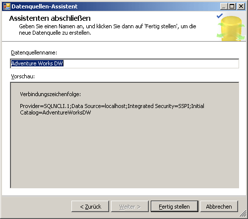 Abschlussseite des Datenquellen-Assistenten