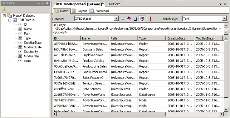 Screenshot zu Datasetfeldern und Abfrageergebnissen