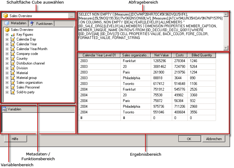 MDX-Abfrage-Designer für SAP BW in der Abfrageansicht