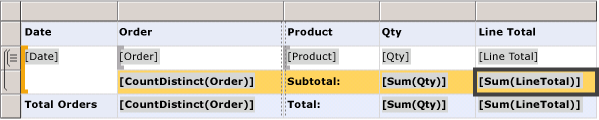 Entwurfsansicht, Hinzufügen von Ergebniszeilen zu Gruppe und Tabelle