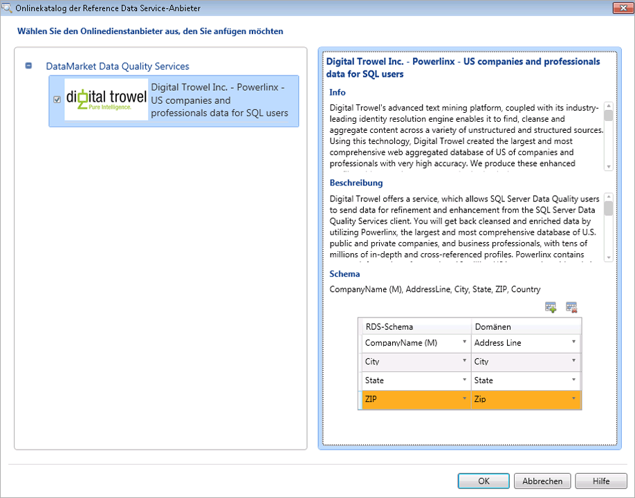 Dialogfeld "Onlinekatalog der Reference Data Service-Anbieter"