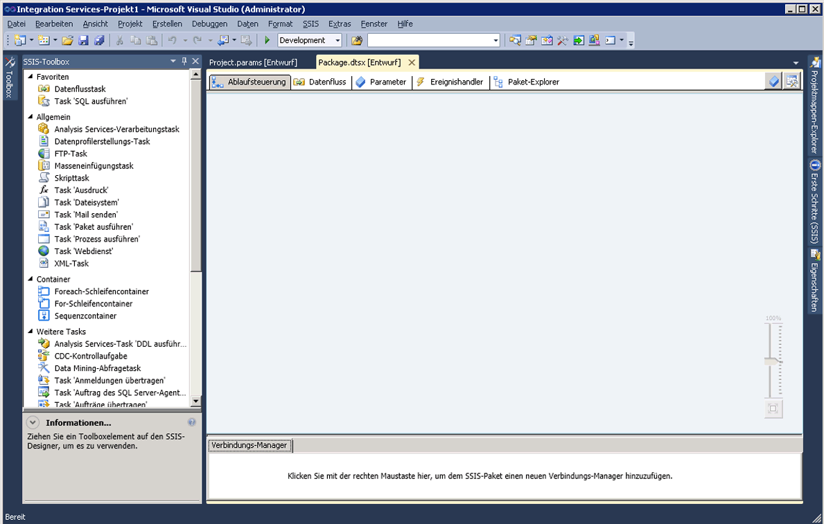 Screenshot von SSIS-Designer und -Toolbox