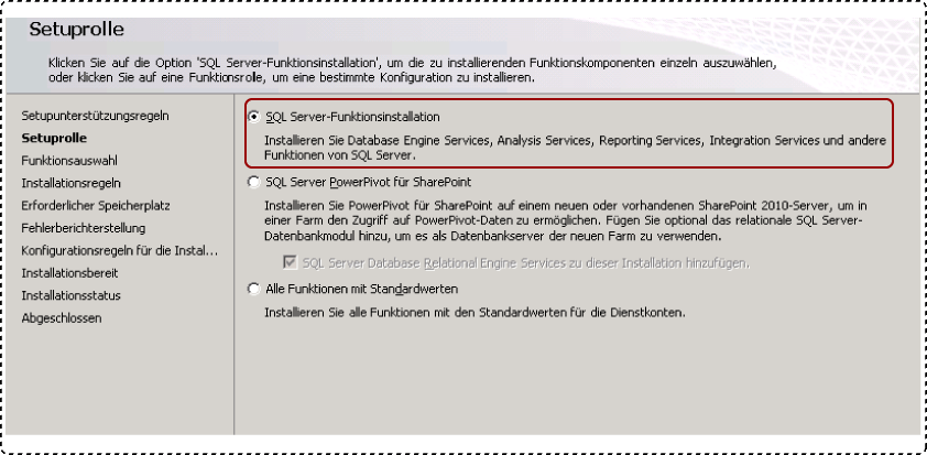 SQL Server-Funktionsinstallation für Setuprolle