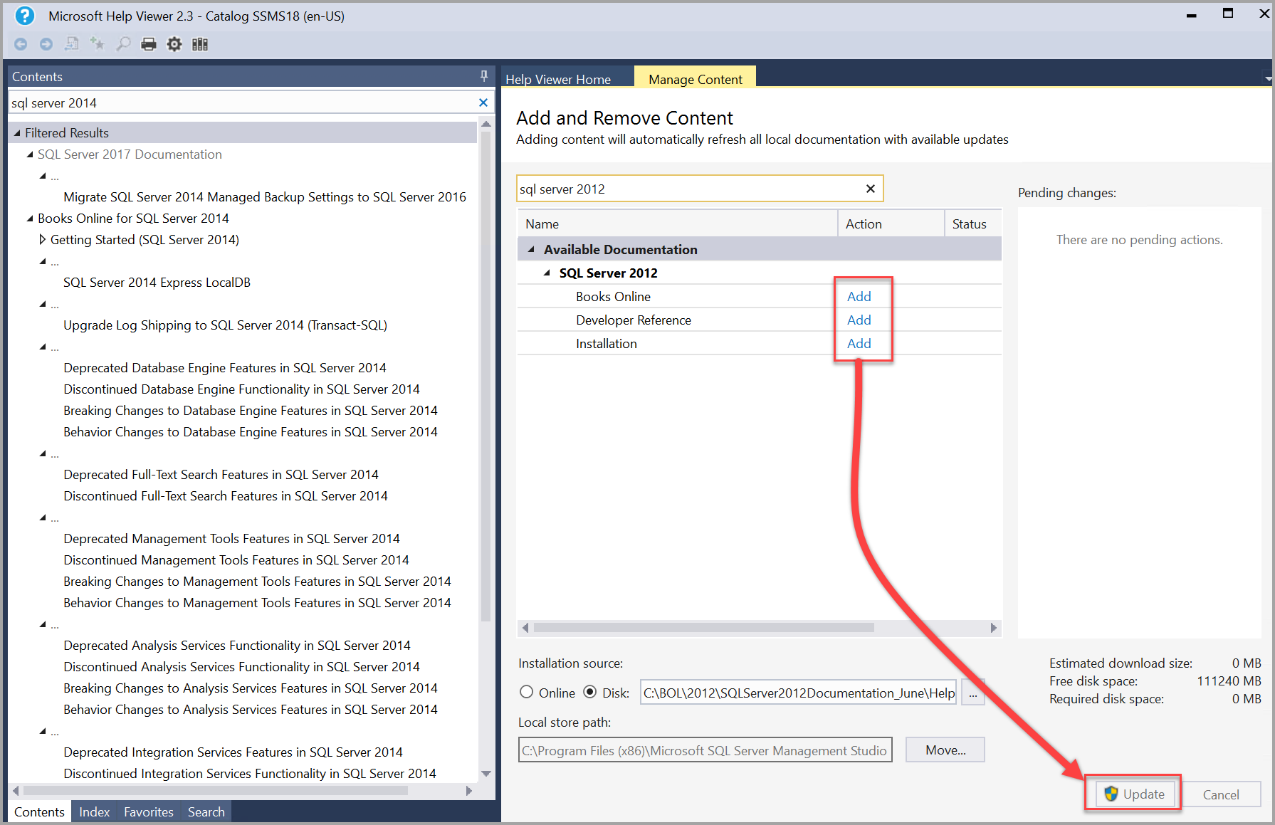 Hinzufügen und Aktualisieren von SQL Server 2014-Büchern in Help Viewer