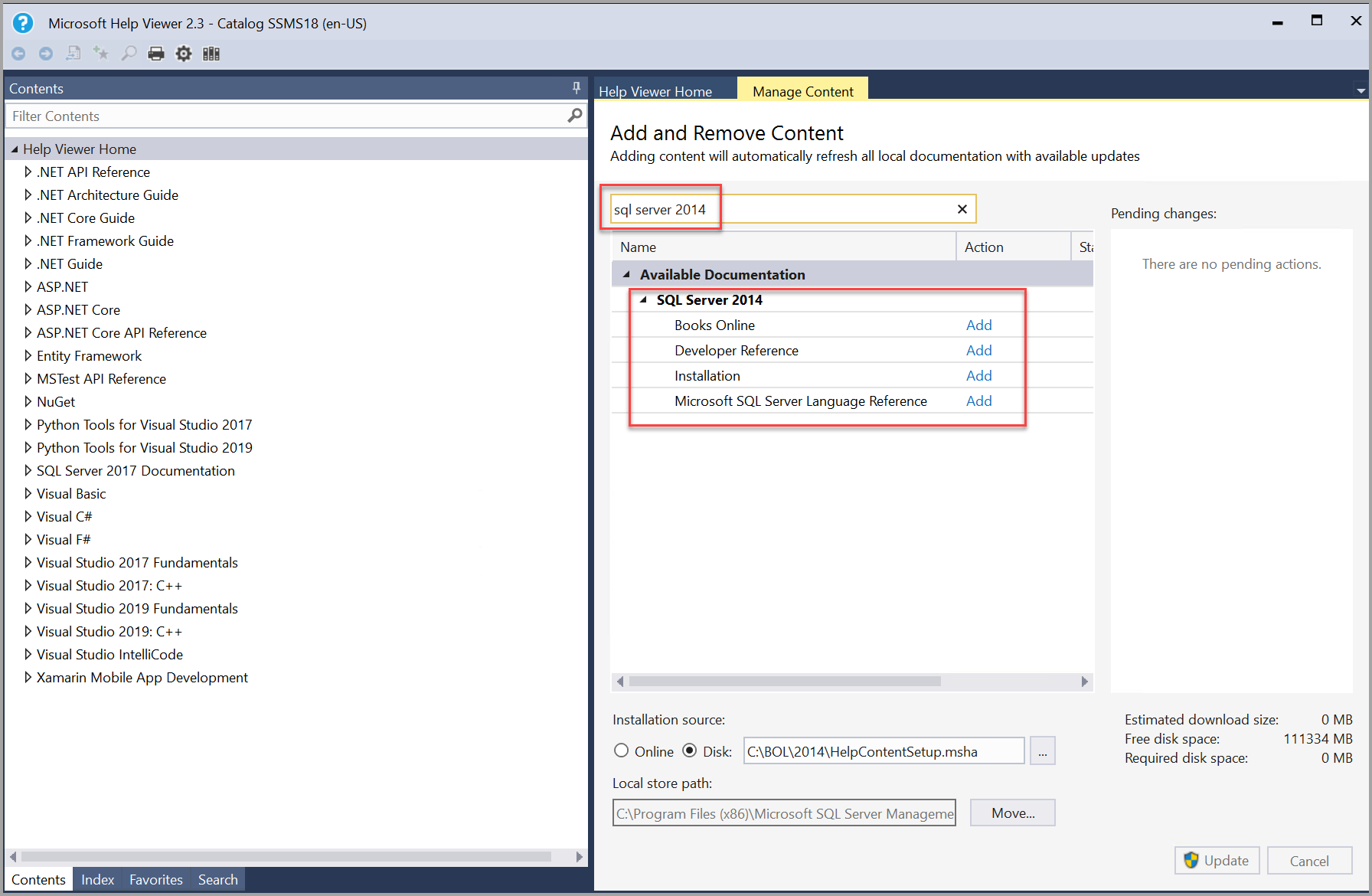 Suche nach SQL Server 2014-Büchern in Help Viewer