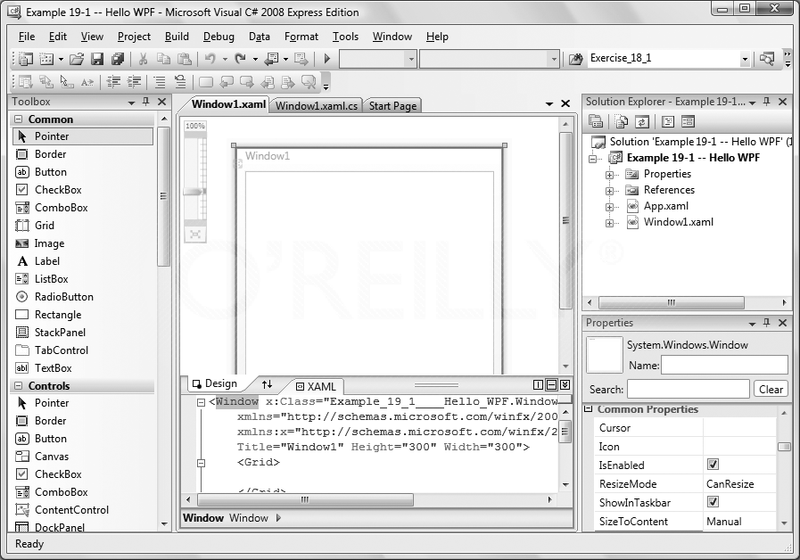 When you create a WPF project, the IDE opens with the XAML window in two views: the Design view on top, and the XAML markup below.