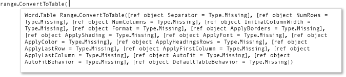 Liste der Parameter für ConvertToTable-Methode.