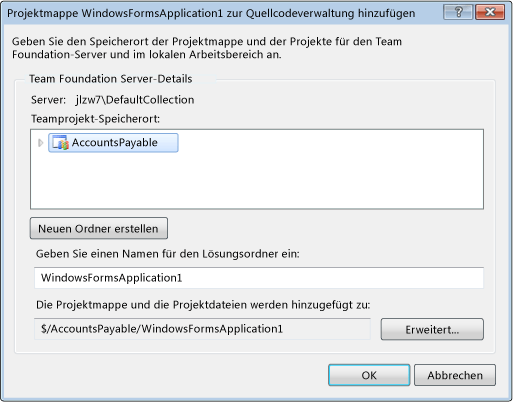 Speichern der Projektmappe auf dem Team Foundation Server