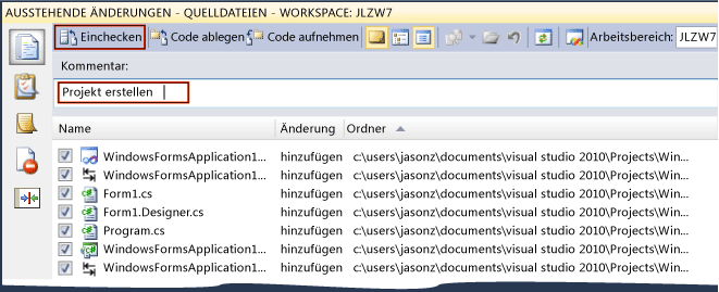 Einchecken der Projektmappe in die Quellcodeverwaltung