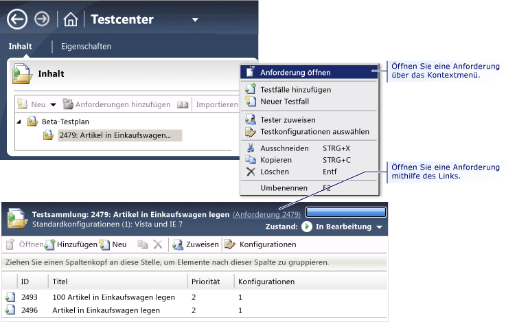 Anforderung oder Benutzertextabschnitt anzeigen