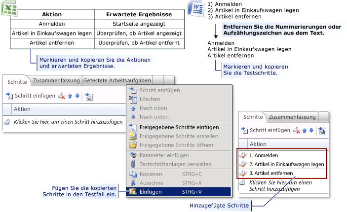 Testschritte aus Microsoft Excel oder Word hinzufügen