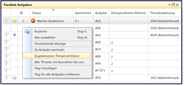 Fenster "Parallele Aufgaben" mit erweitertem Kontextmenü