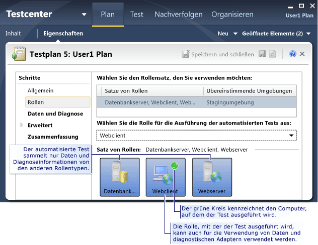 Seite "Rollen" in der Testeinstellung