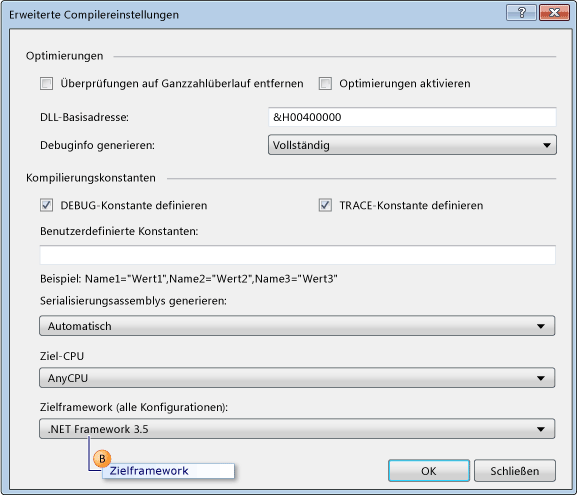 Dropdownliste für Ziel-Framework