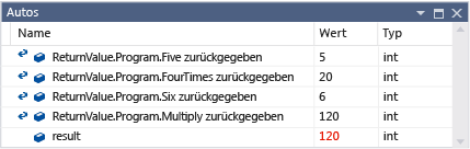 Rückgabewerte von Methoden im Fenster "Auto"