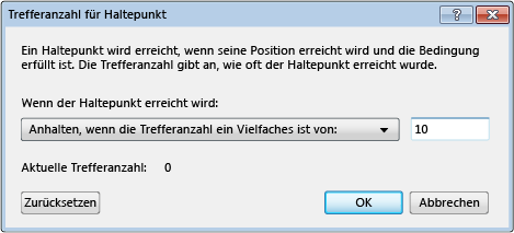 Dialogfeld „Trefferanzahl für Haltepunkt“