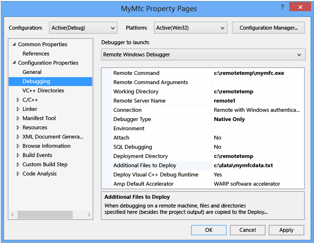 Eigenschaftsseite "MyMfc-Projektdebugging"