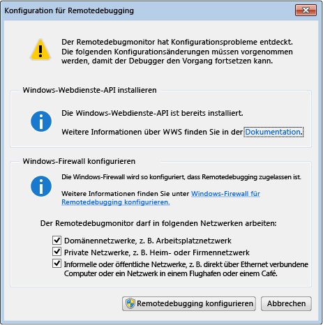 Dialogfeld „Konfiguration für Remotedebugging“