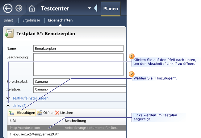 Externe Links für Testplan hinzufügen