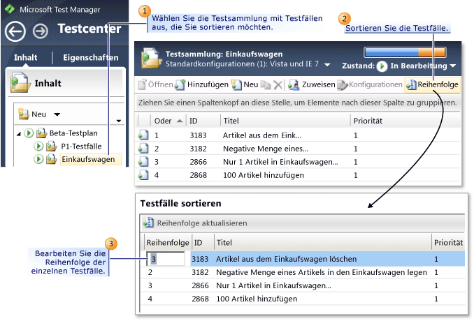 Änderungsreihenfolge von Testfällen in einer Testsammlung