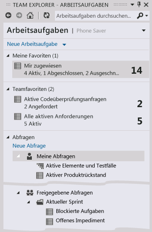 Arbeitsaufgabenabfragen und Favoriten in Team Explorer