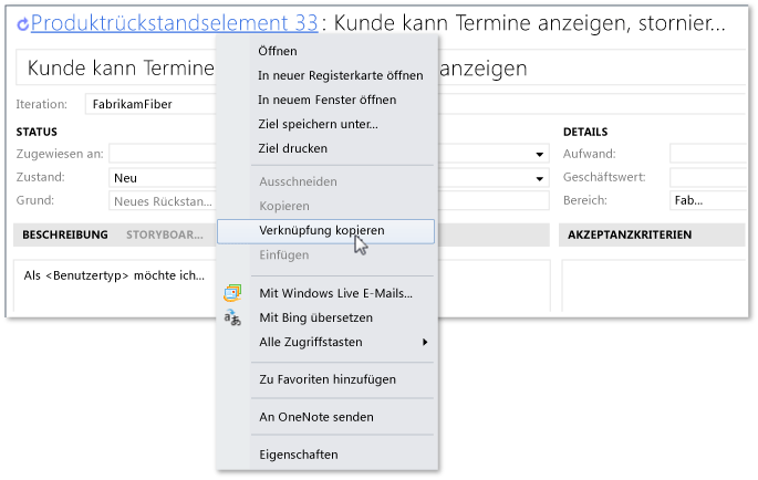 Verknüpfungs-Link zu einer Arbeitsaufgabe kopieren