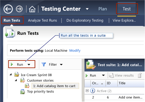 Ausführen aller Tests in einer Auflistung