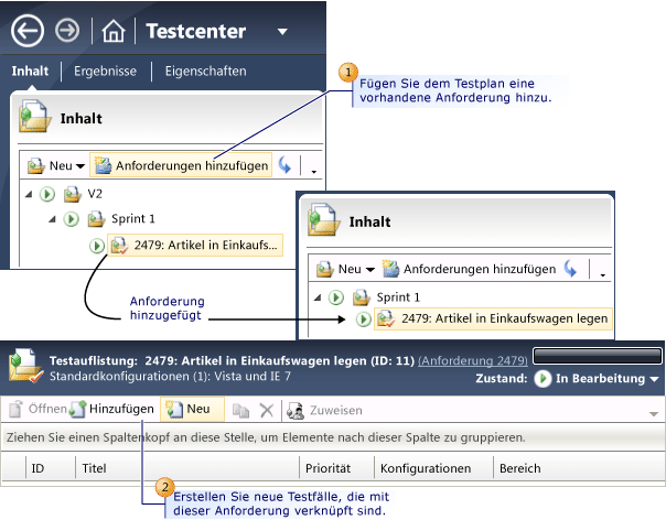 Anforderungen und Testfälle zu einem Testplan hinzufügen