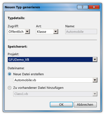 Dialogfeld "Neuen Typ generieren"