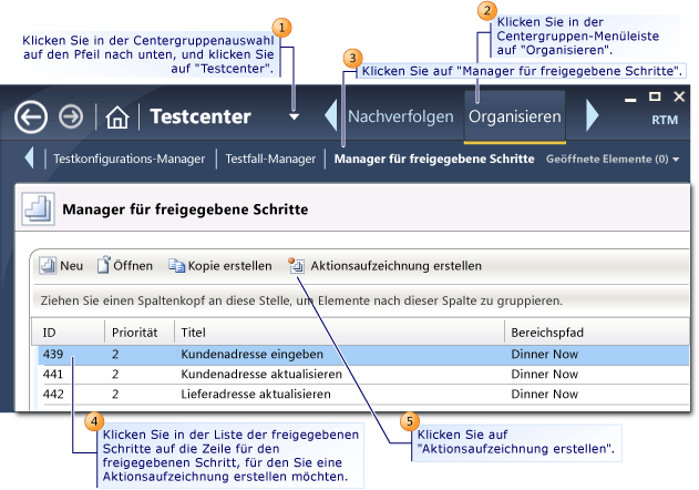 Aktionsaufzeichnung für freigegebene Schritte erstellen