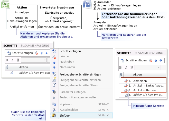 Testschritte aus Microsoft Excel oder Word hinzufügen