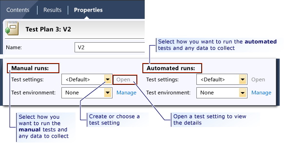 Microsoft Test Manager-Testeinstellungen im Testplan