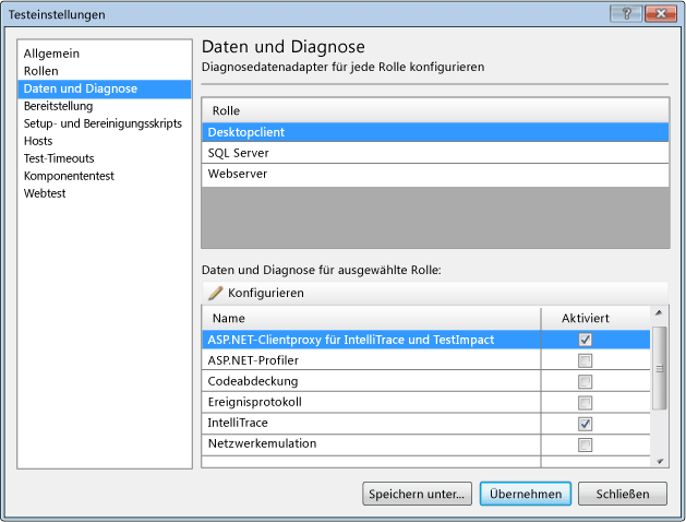 Testeinstellungsdaten und -diagnose