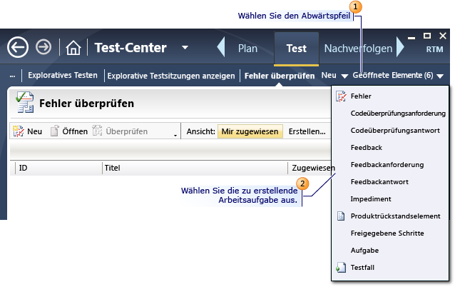 Erstellen einer Arbeitsaufgabe mit Microsoft Test Manager