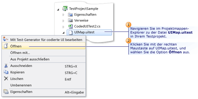 Kontextmenü mit Test-Generator für codierte UI