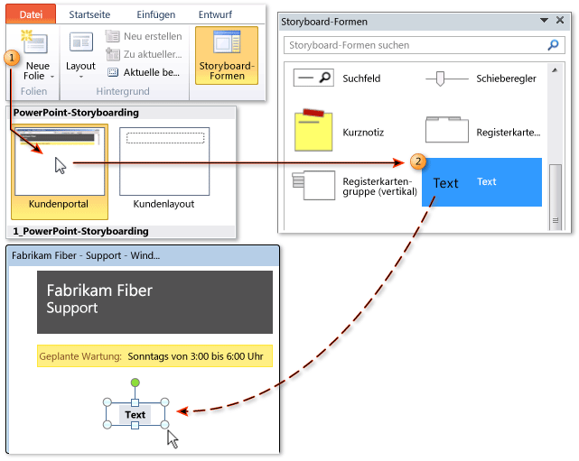 Folie erstellen und Text aus Storyboard-Formen hinzufügen