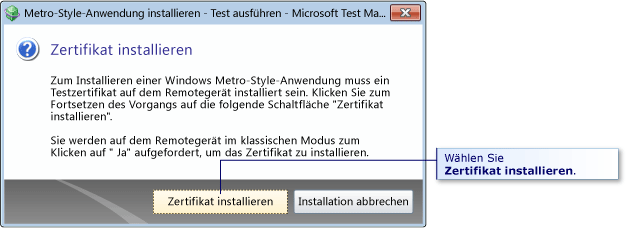 Testzertifikat-Dialogfeld