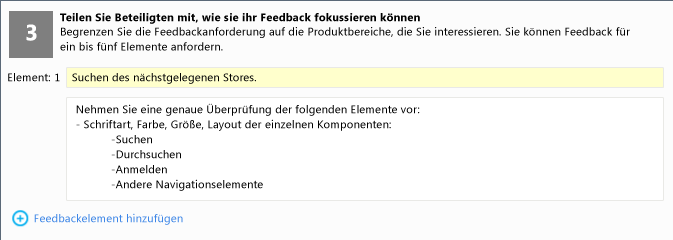 Feedbackelementname und Detailanweisungen