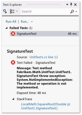 Komponententest-Explorer zeigt einen fehlerhaften Test an