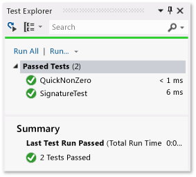 Komponententest-Explorer mit zwei bestandenen Tests