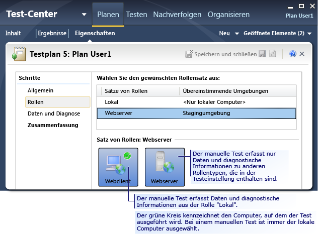 Seite "Rollen" in den Testeinstellungen