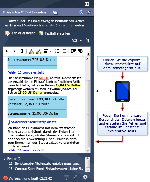 Gerätetest, Kommentar im Fenster für explorative Tests